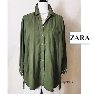 ZARA Forest Green Lyocell Womens Hi-Low Blouse White Pearl Cuffs L-Sleeve Collar